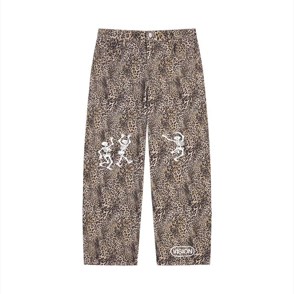 Unisex Vintage Wash Leopard Wide Leg Jeans