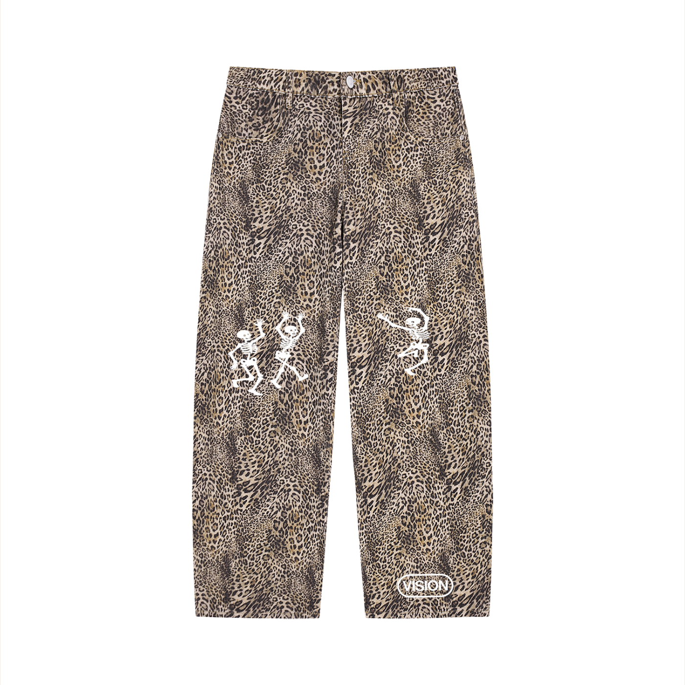 Unisex Vintage Wash Leopard Wide Leg Jeans
